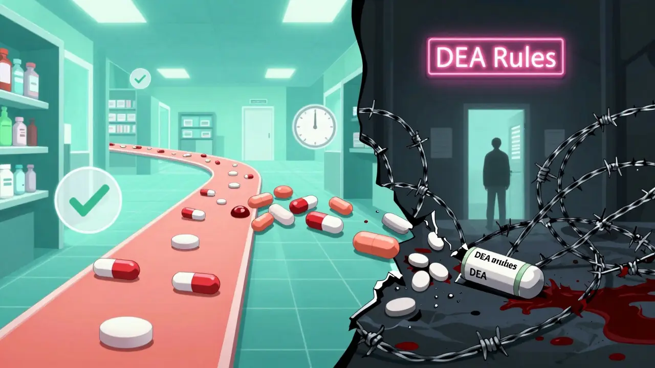 Contrasting flow of accessible generics vs. restricted controlled substances.