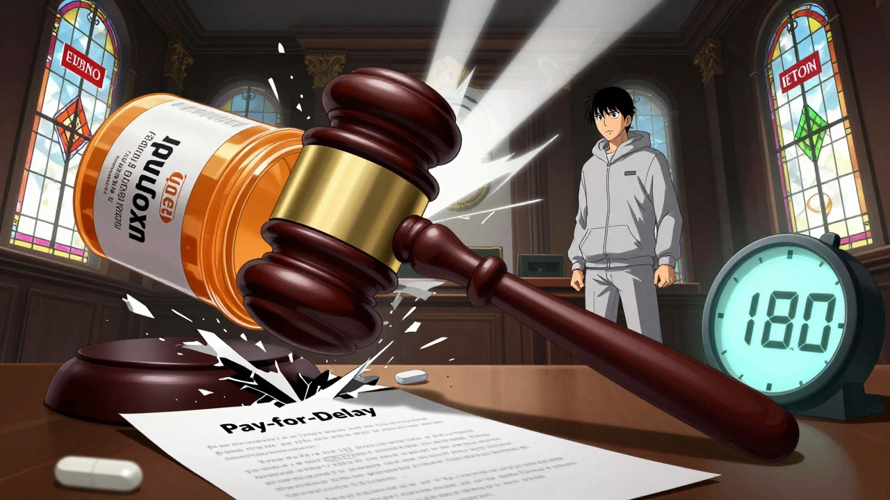 Courtroom scene with a pill-shaped gavel crushing a pay-for-delay contract.