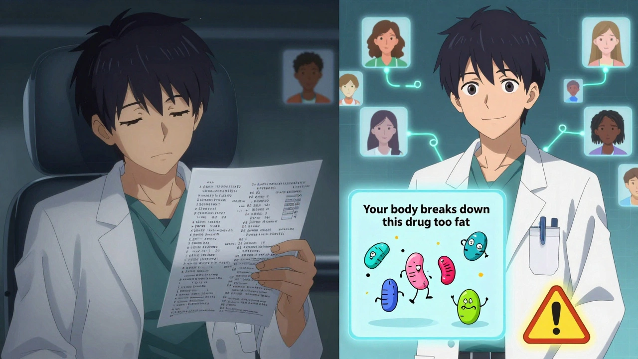 Doctor comparing a complex genetic report with a simplified AI-generated explanation, diverse patient avatars in background.