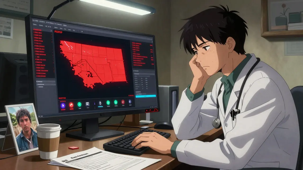 Doctor overwhelmed by telehealth compliance systems and PDMP alerts.