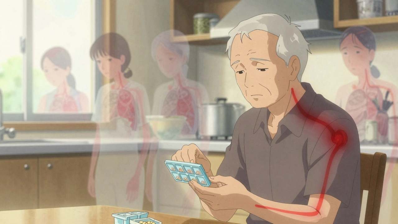 Elderly person holding pill organizer, ghostly versions of themselves behind with warning lines spreading through bodies.