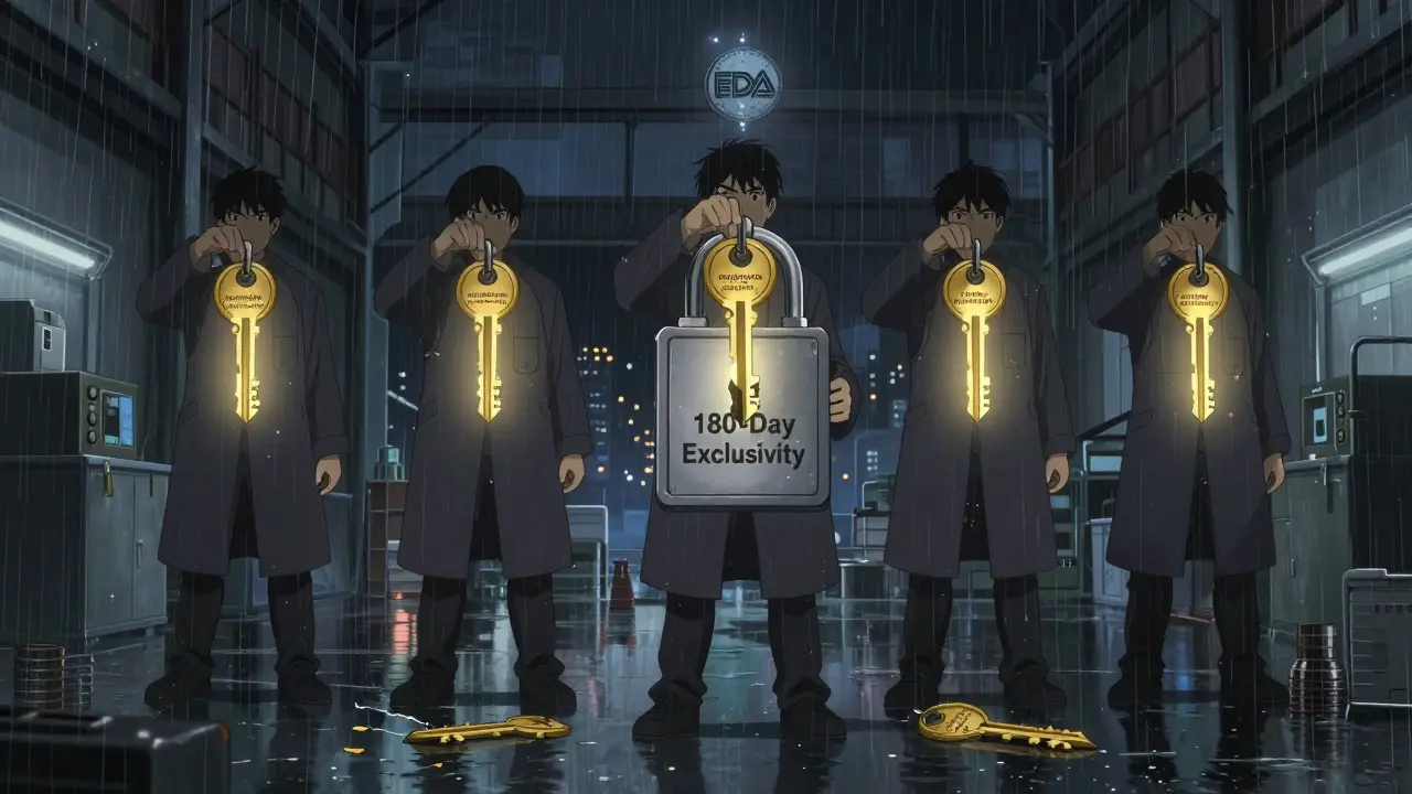 Five generic drug companies stand in the rain; three keys unlock exclusivity, two lie broken on the ground.