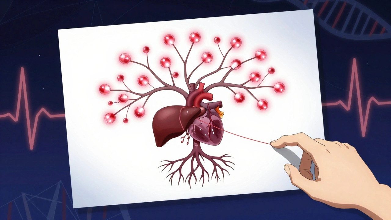 Floating medical chart shaped like a toxicity tree, roots in organs, hand cutting a thread, abstract medical patterns in background.