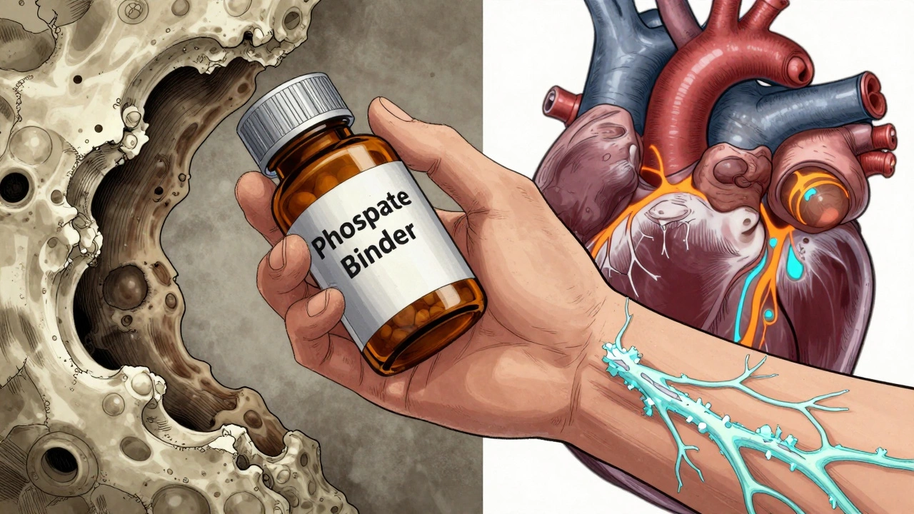 Hand holding binder pill as veins calcify, with bone and heart damage shown in split scene