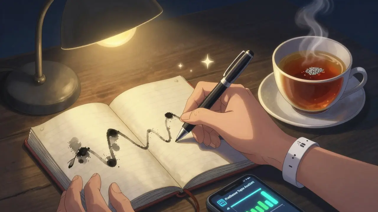 Hand writing in journal with cortisol patterns, medical alert bracelet and app visible.