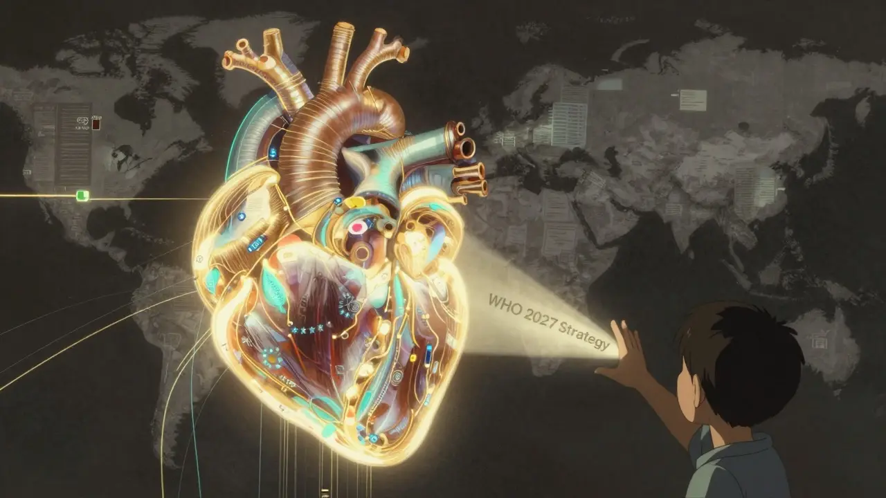 Human heart made of data streams, bright on one side, fragmented on the other, with a child reaching for light.