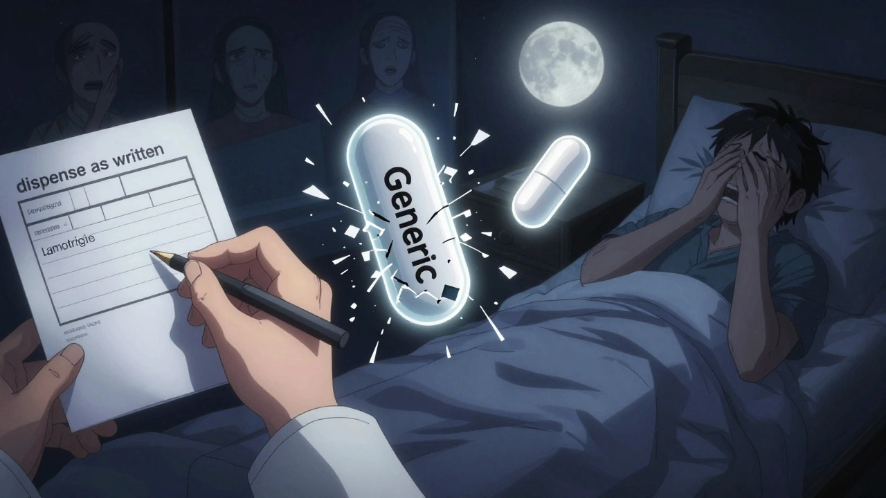 Neurologist writing &#039;dispense as written&#039; while patient has seizure, fractured generic pill in background.