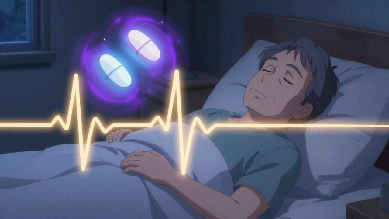 Older adult sleeping peacefully with gentle golden heartbeat overlay, non-stimulant pills floating in violet aura.