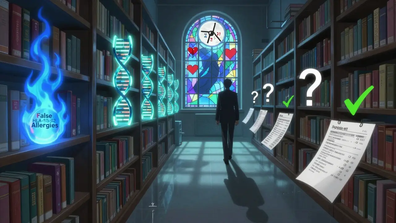 Patient walking through a library of burning false allergy books, surrounded by glowing genetic markers and test results.