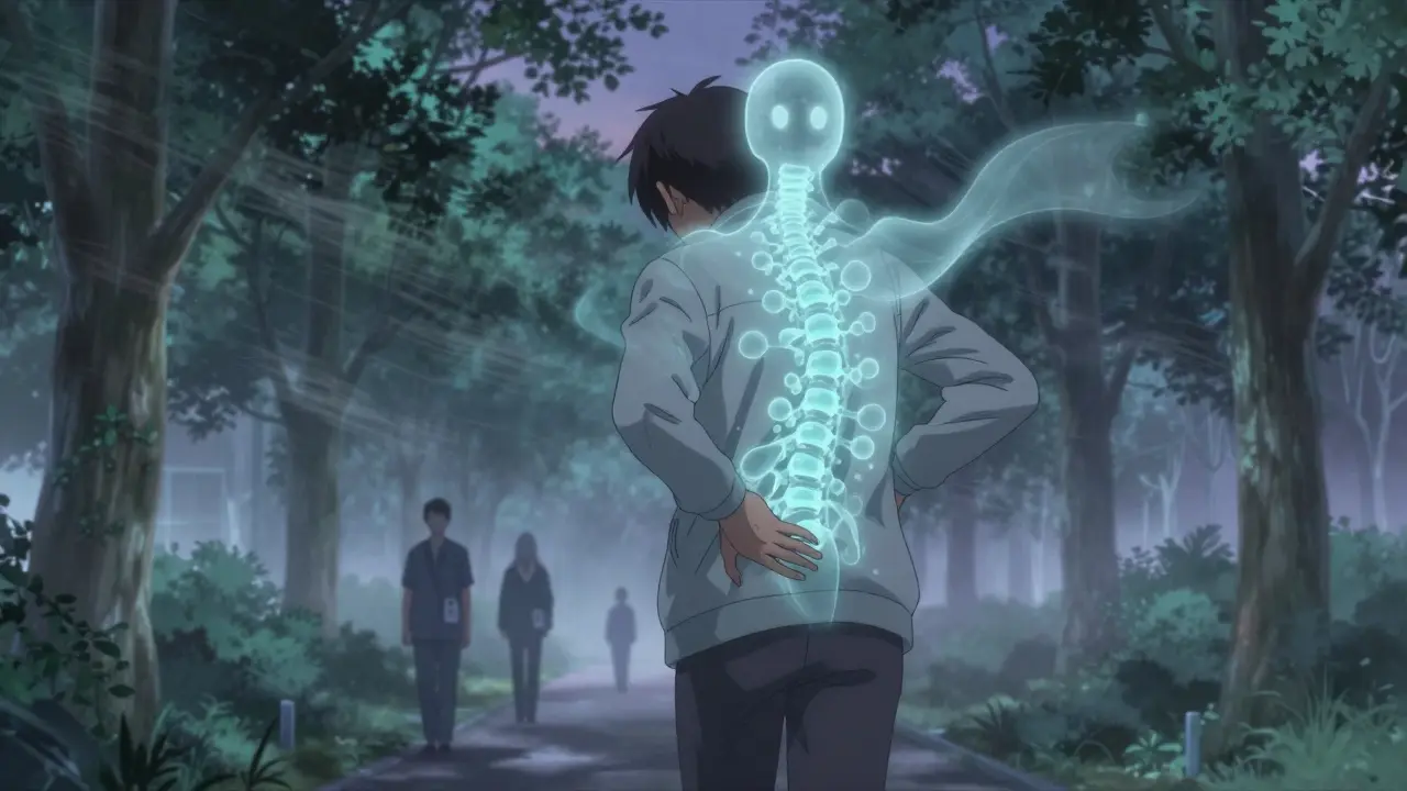 Person walking in misty park as cortisol molecules fade from their body, twilight atmosphere.