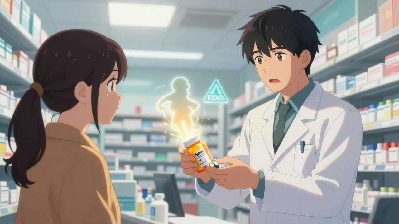 Pharmacist giving generic prescription to anxious patient with floating brand drug silhouette.