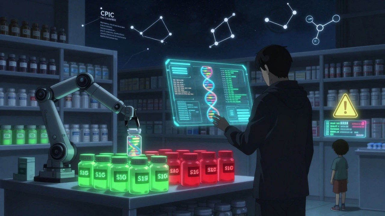Robotic arms sorting pills by genetic safety in a futuristic warehouse, child’s flagged DNA profile in corner.