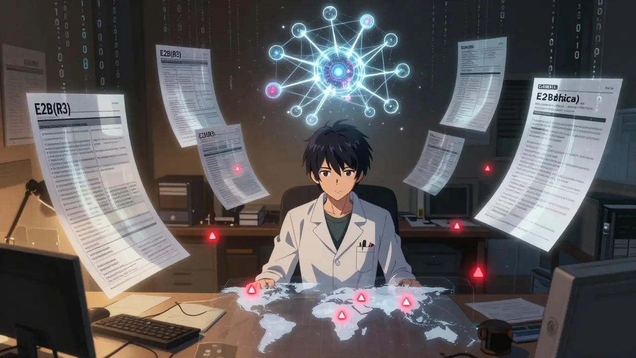 Specialist surrounded by floating drug safety reports dissolving into AI-generated code.