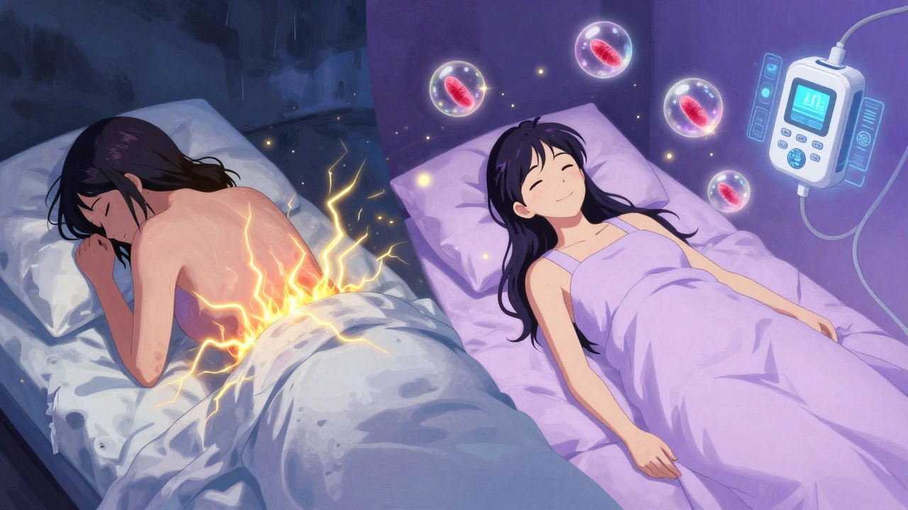 Split scene of labor pain transforming into relief with glowing endorphin orbs and TENS device.