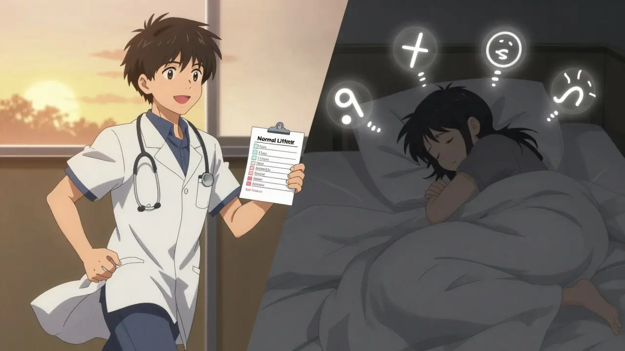 Split scene: one side shows a person jogging with a doctor, the other shows them alone at night surrounded by symbols of side effects.