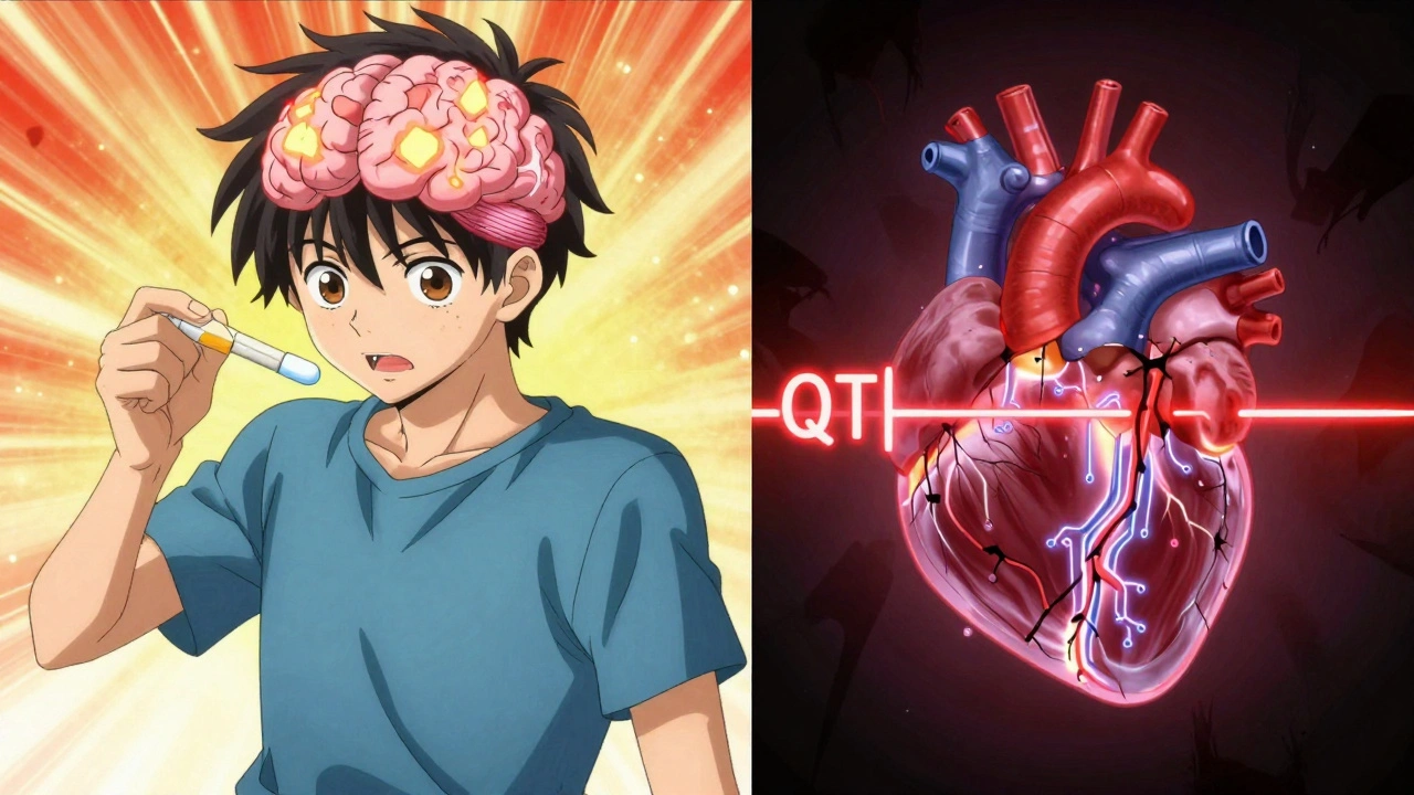 Split scene: teen with glowing brain dopamine surge vs. heart with cracked electrical channels and red QT ripple.