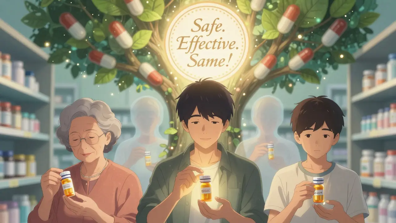 Three diverse patients hold generic pills as memories of brand-name versions fade away in a dreamlike scene.