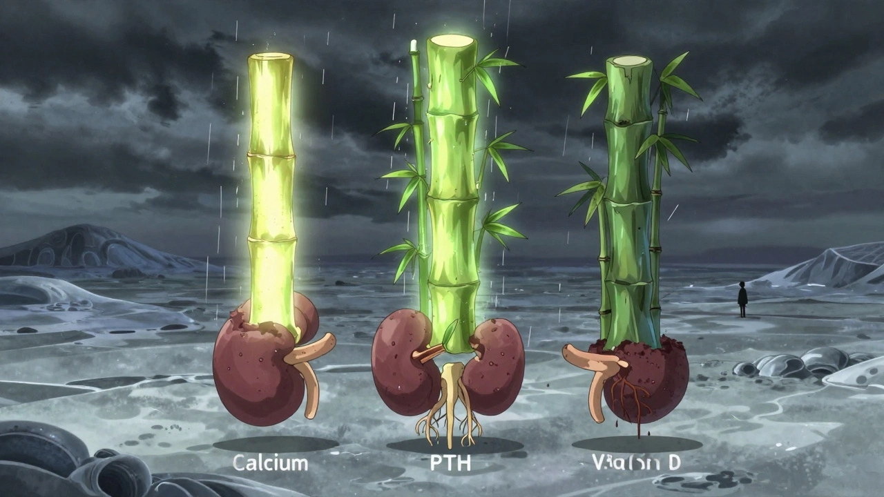 Three glowing pillars representing calcium, PTH, and vitamin D rooted in a kidney-shaped earth