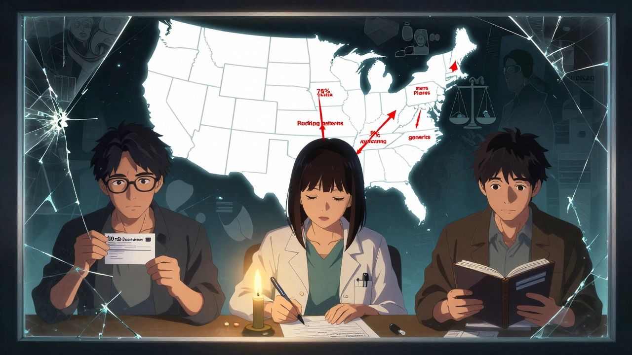 Three patients in different scenes, each facing formulary changes, with a U.S. map showing generic switching trends in the background.
