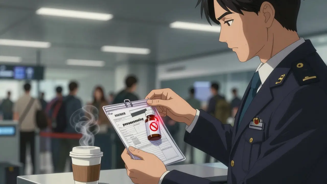 Traveler at Asian airport checkpoint with medication and notarized letter, customs officer inspecting.