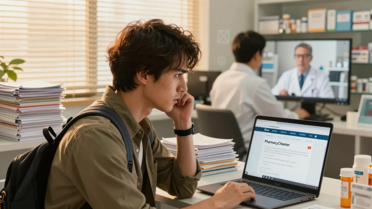 Traveler in Canadian pharmacy waiting for cosigned prescription, documents and laptop visible.