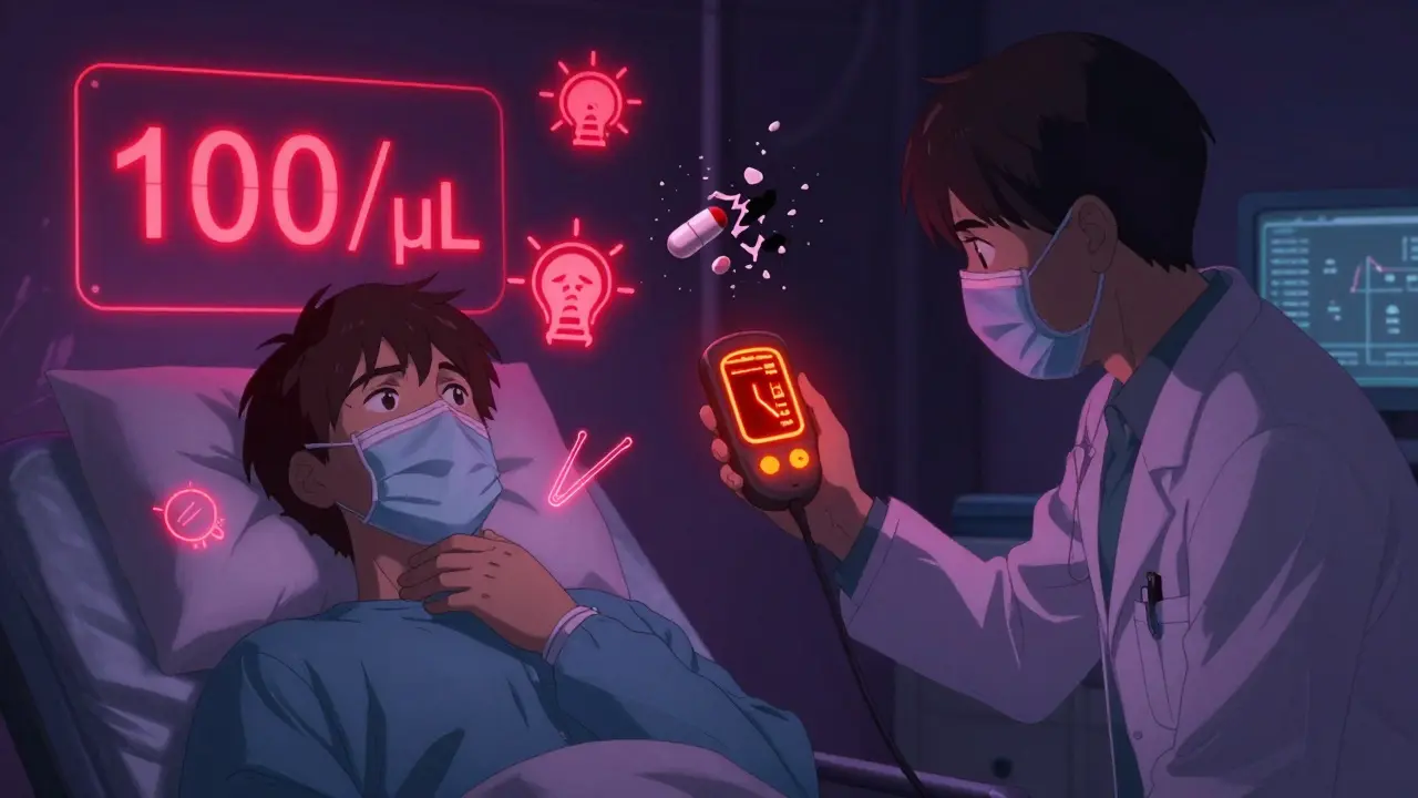 A doctor uses a handheld device to show a critically low neutrophil count in an ER bay.