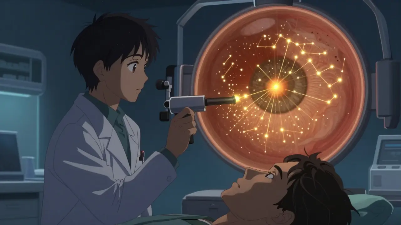 A doctor using laser dots to seal abnormal blood vessels in the retina, with golden light illuminating the eye in a serene clinic.