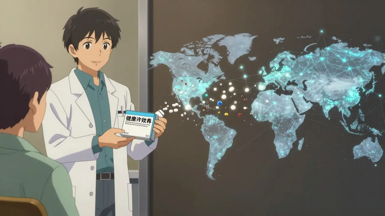 A generic pill dissolves into invisible ingredients connected to a global data network.