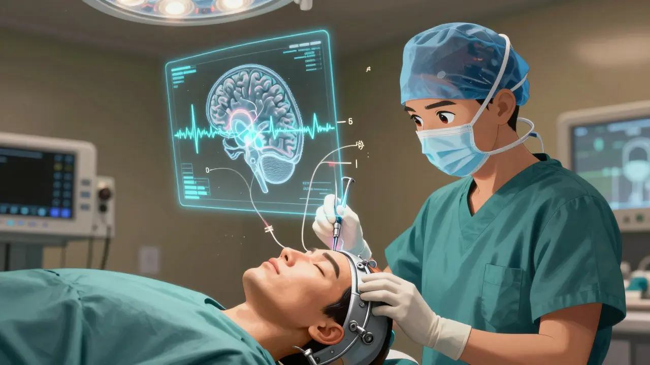 A patient awake during brain surgery with holographic neural activity displayed above.