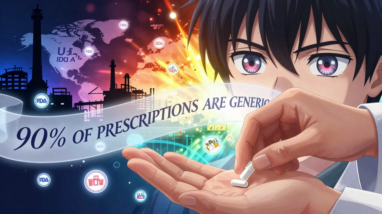 A pharmacist handing a generic pill to a patient, with global factories and FDA seals glowing in the background, symbolizing affordable, regulated medication.
