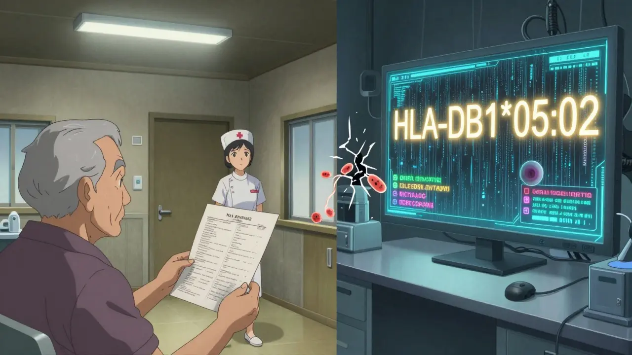 A rural patient and high-tech genetic test are shown side-by-side, symbolizing healthcare disparities.