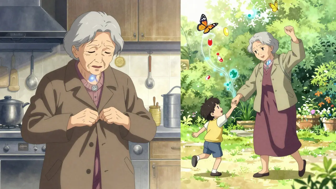 A woman transitioning from struggling to dress to dancing joyfully with her grandchild.