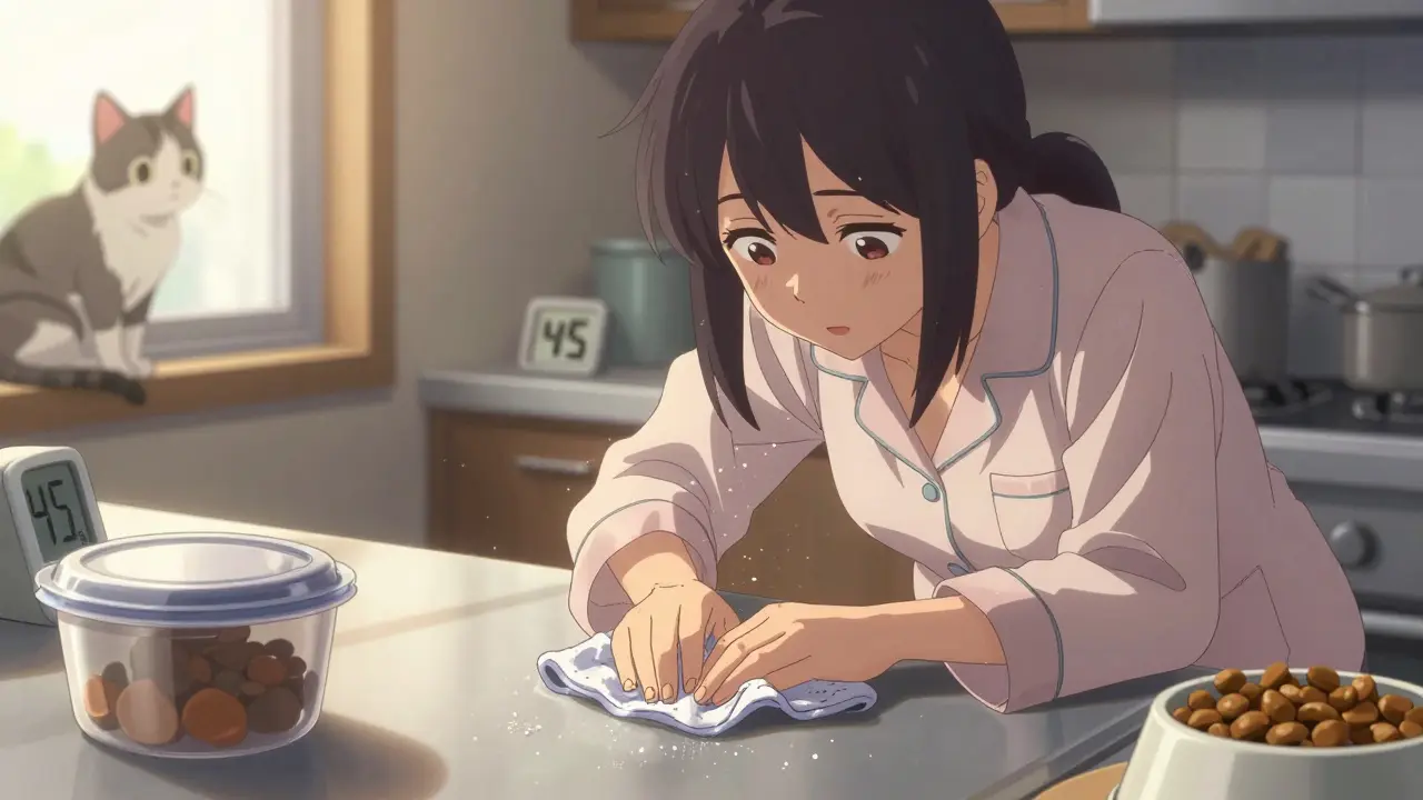 A woman wipes a kitchen counter with a damp cloth as pet dander dissolves, a hygrometer shows low humidity.