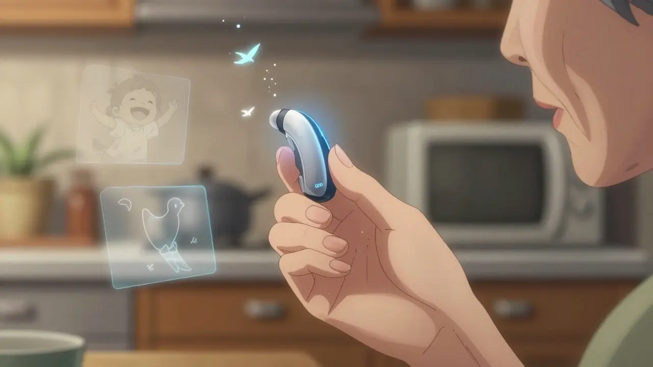 An older woman holding a glowing hearing aid as memories of sounds float around her like fireflies.
