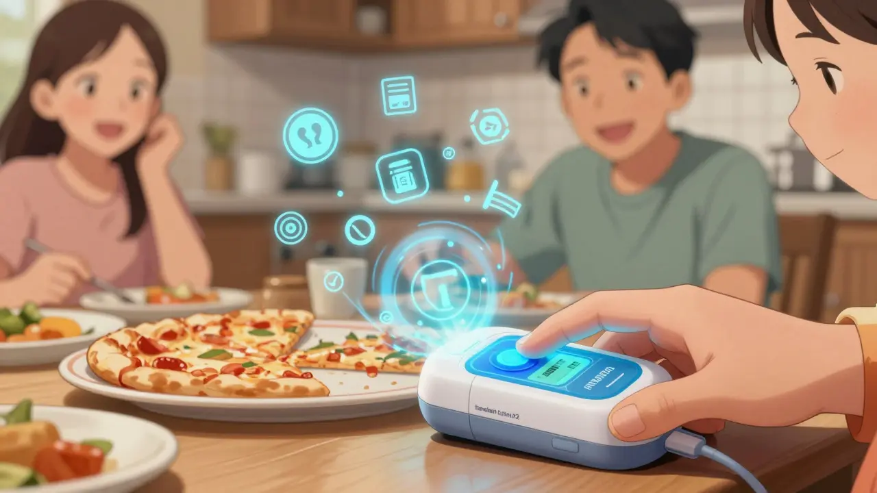 Child pressing insulin pump button at dinner, carb symbols swirling around pizza.