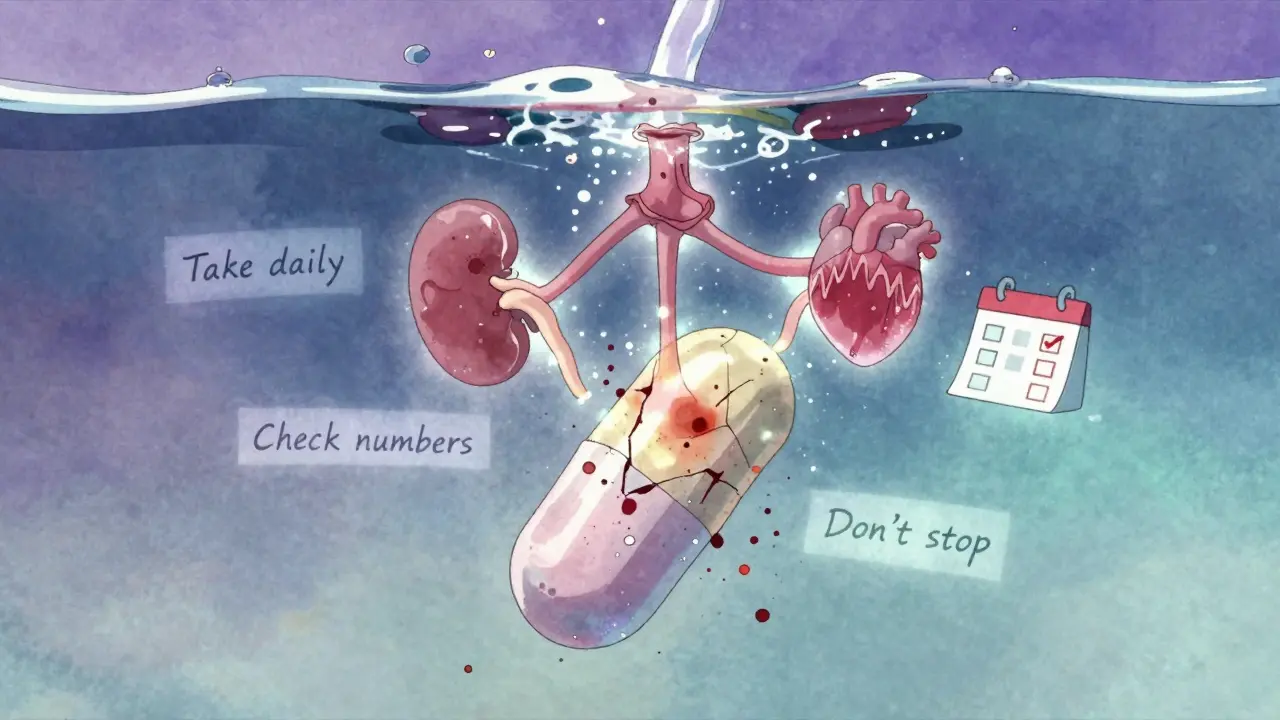 Combination pill dissolving into symbols of heart, kidney, and artery, with gentle reminders in watercolor style.