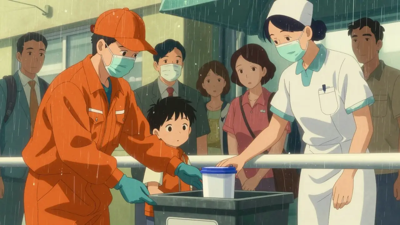 Community members safely observing sharps container collection at a pharmacy