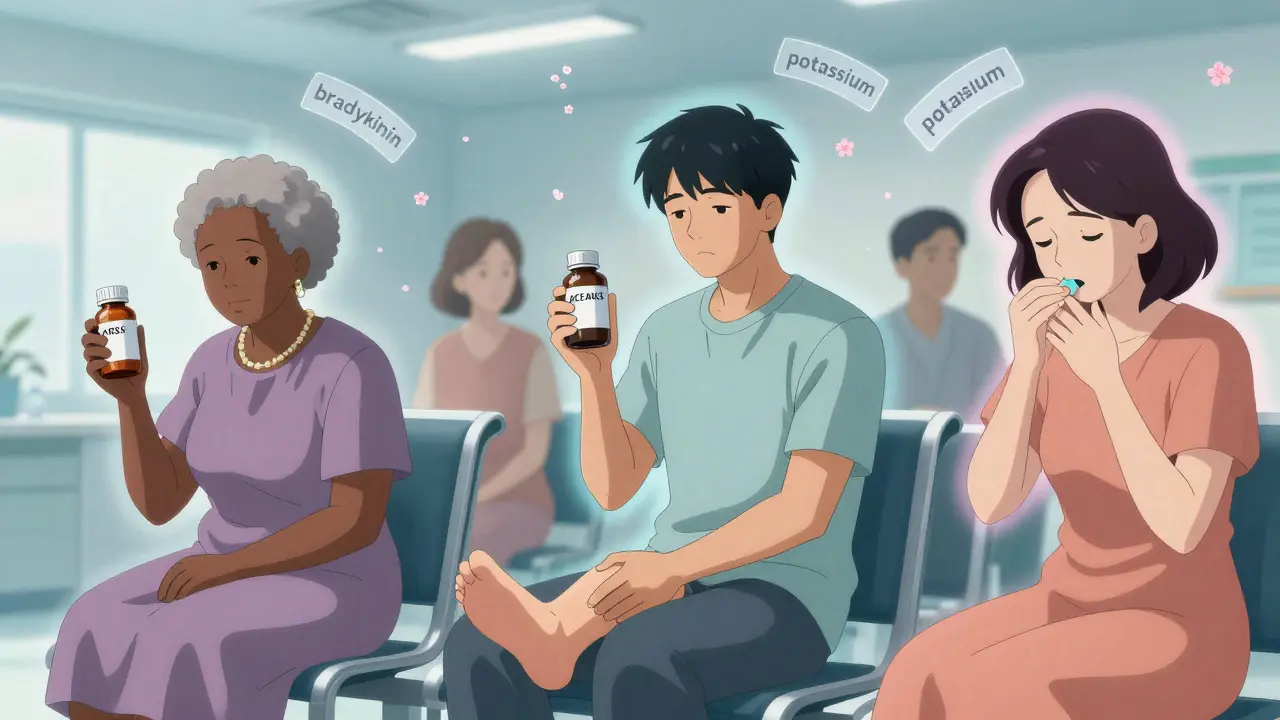 Diverse patients in clinic with medication bottles, subtle physiological symbols floating around them.