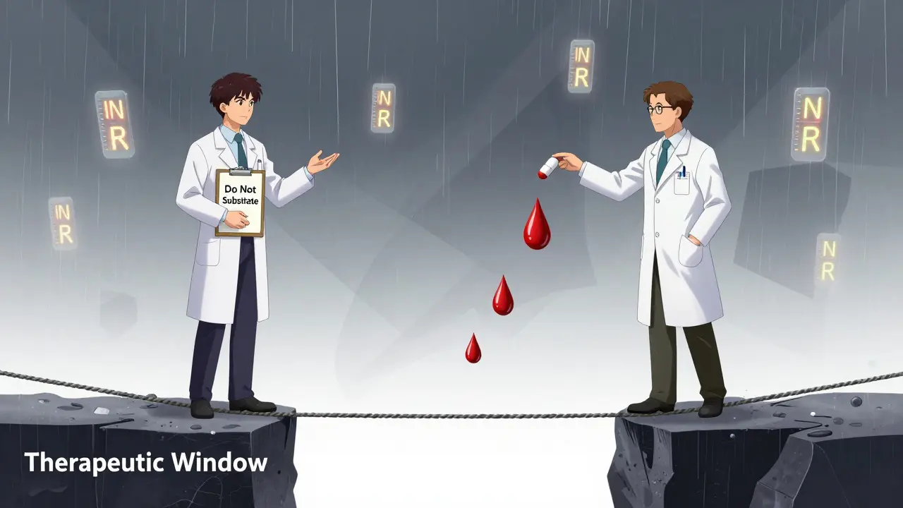 Doctor and pharmacist on a tightrope over a therapeutic window chasm, symbolizing the risk of generic substitution.