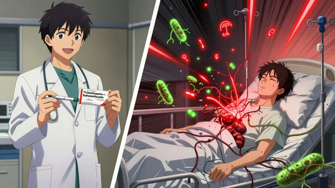 Doctor prescribes antibiotic while patient collapses in hospital, INR spikes violently in background.