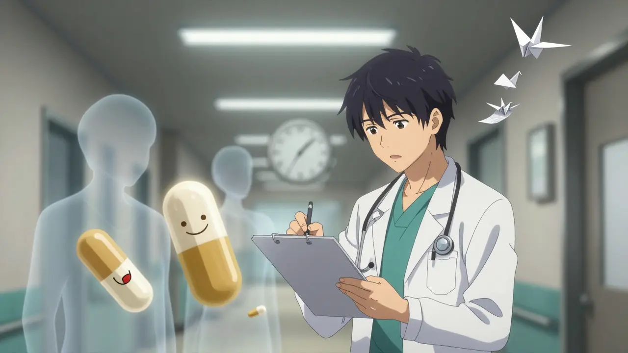 Doctor writing exception request as symbolic pills float away in hospital hallway