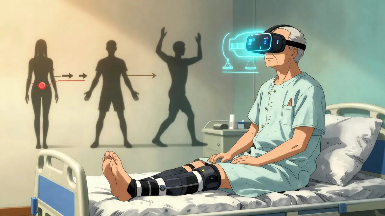 Elderly man using VR therapy for balance training, wearing compression stockings, with abstract medical symbols around him.