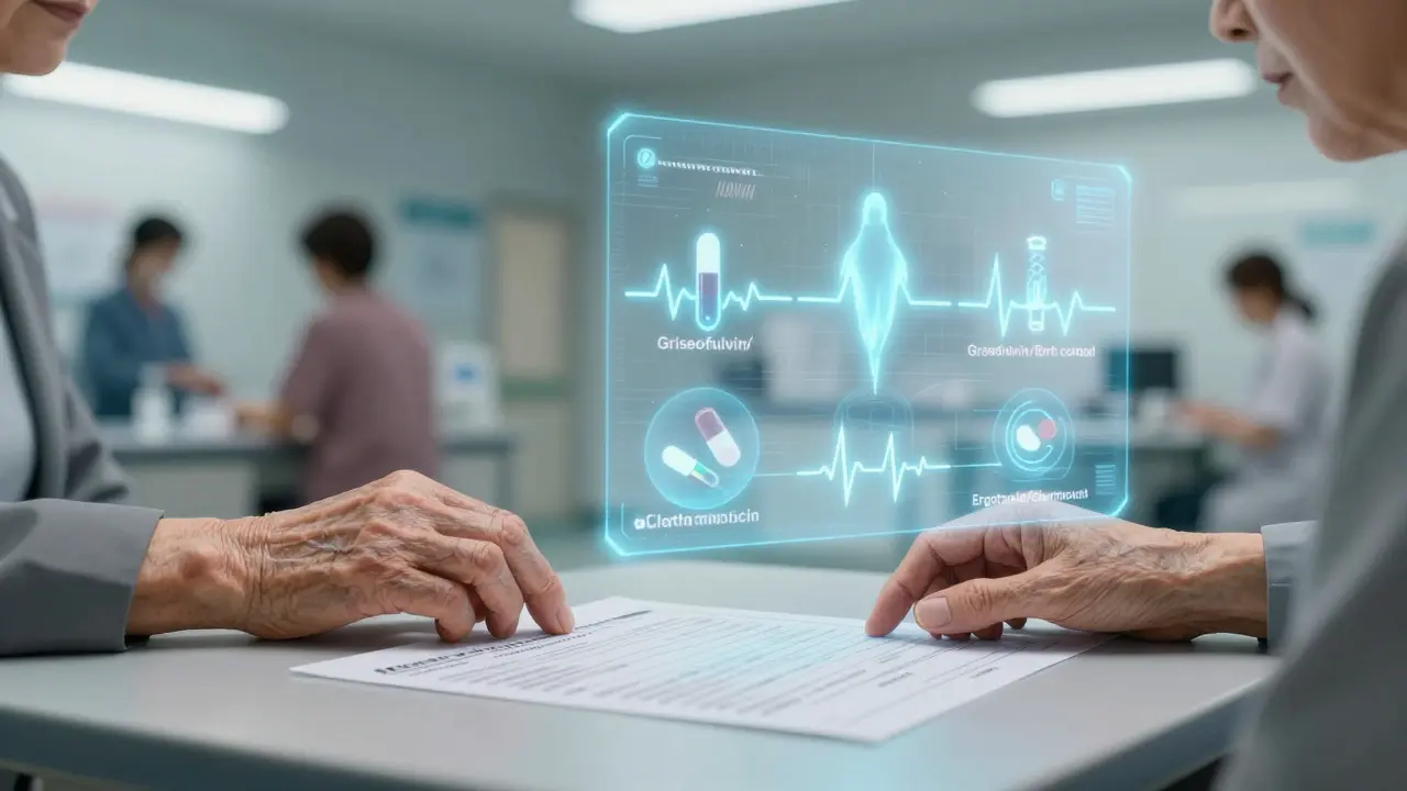 Elderly woman placing medication list on table, ghostly drug interaction warnings floating above in hologram.