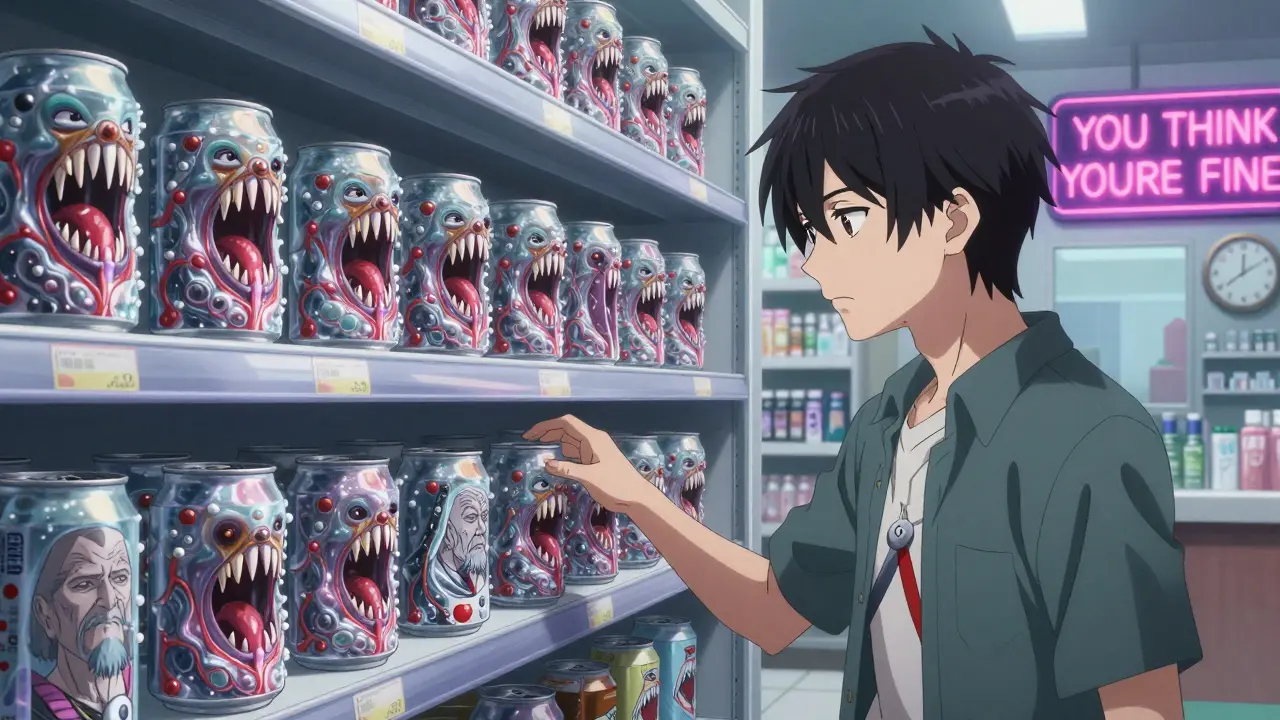 Energy drink cans transformed into monstrous creatures with caffeine fangs, reflecting a future with heart disease.