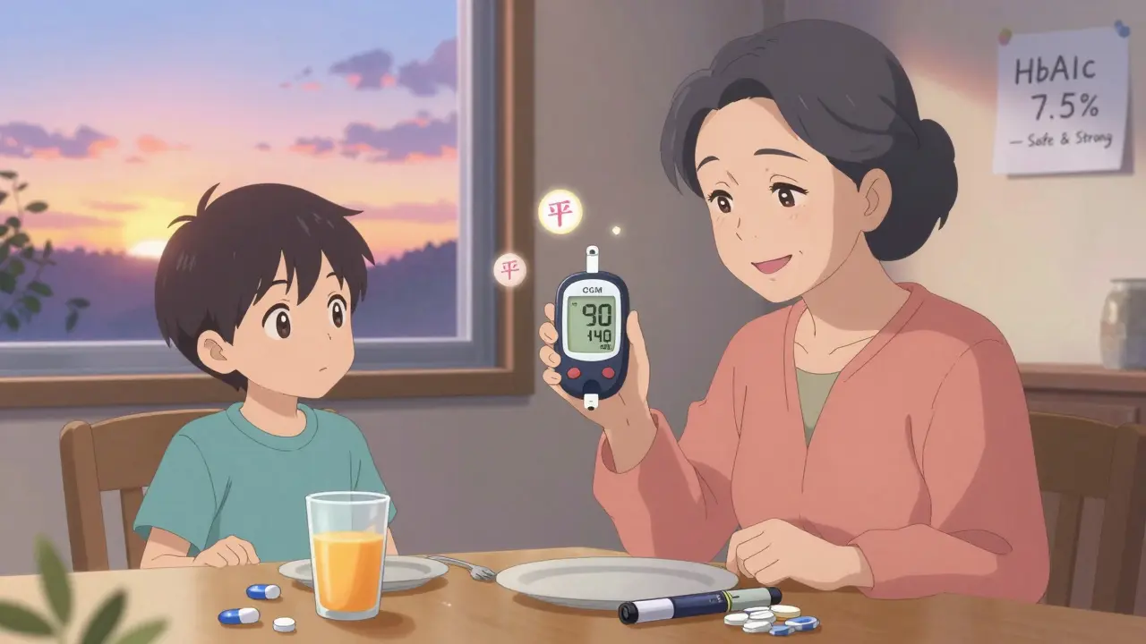 Family at dinner with CGM readout showing stable blood sugar, glucose tablets and unused insulin pen on table.