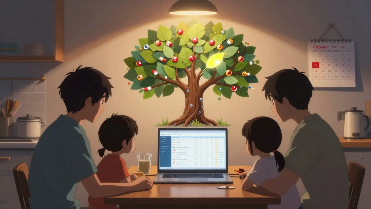 Family reviewing insurance formulary on laptop at kitchen table during dusk