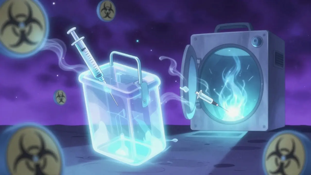 Glowing sharps container dissolving into steam and light during sterilization