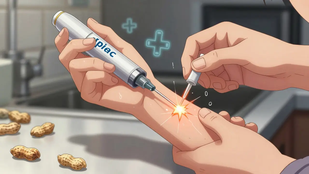 Hand injecting epinephrine into thigh with peanuts scattered nearby in kitchen setting.