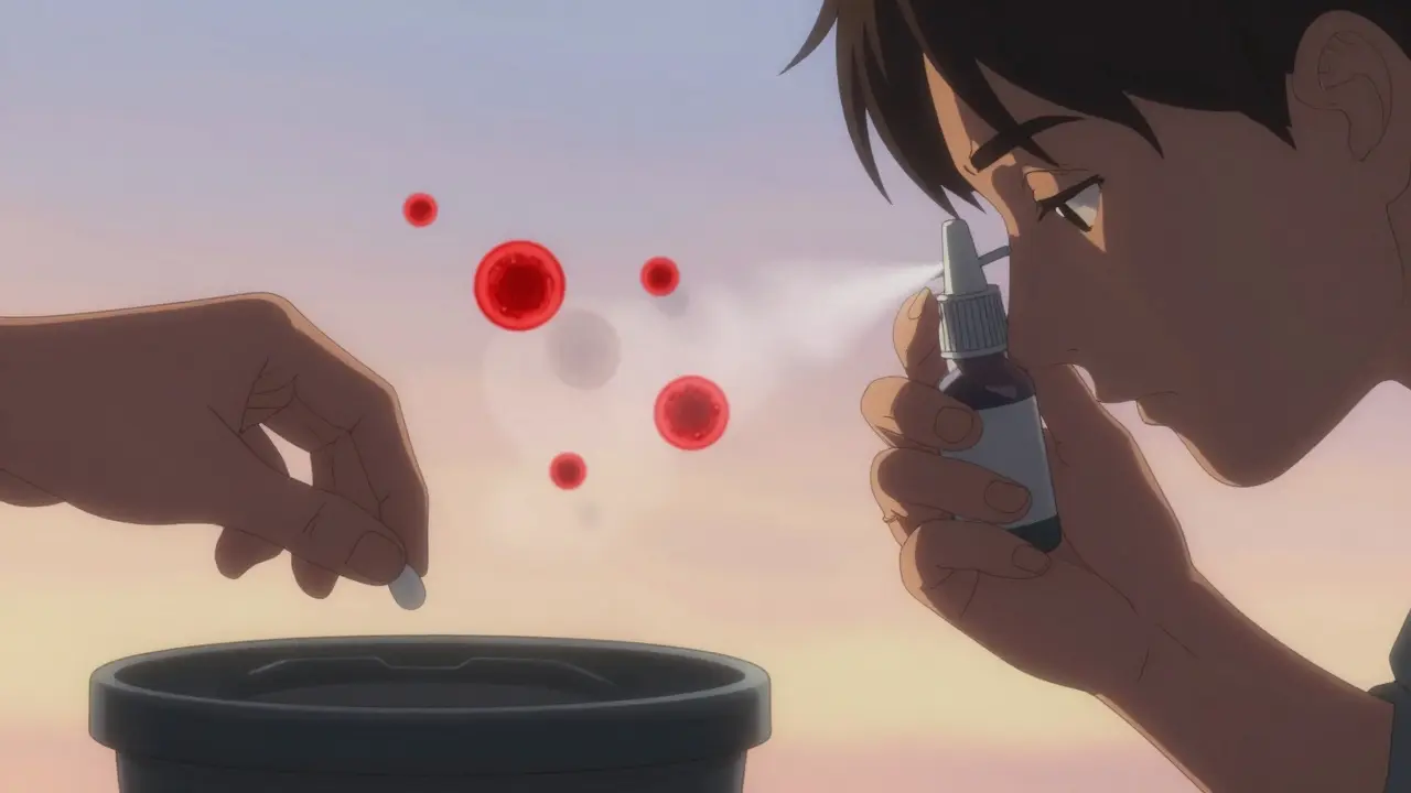 Hands comparing medication: pill being discarded, nasal spray being used correctly with golden mist.