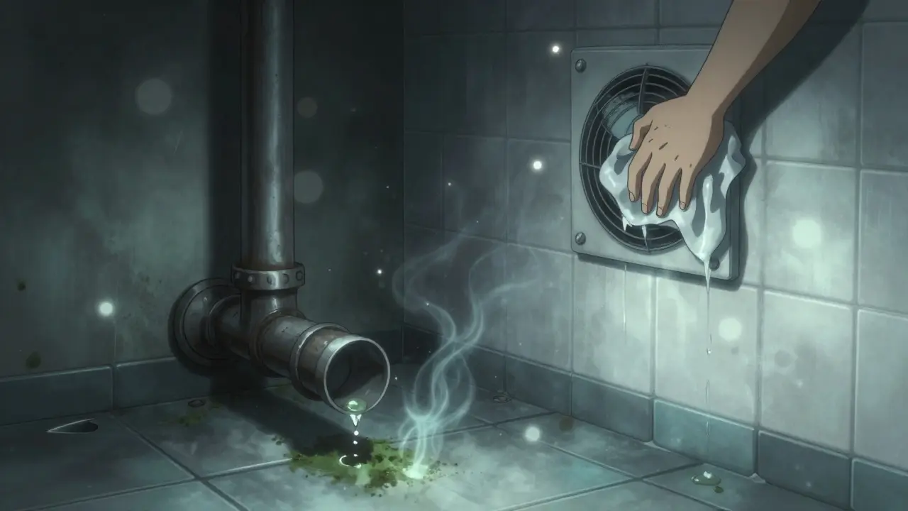 Mold spores rise like ghostly wisps from a leaky pipe, contrasted by a clean bathroom where someone cleans tiles.